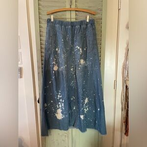 Boho Embossy Waist Frayed A-Line Distressed Hippie Long Maxi Denim Skirt